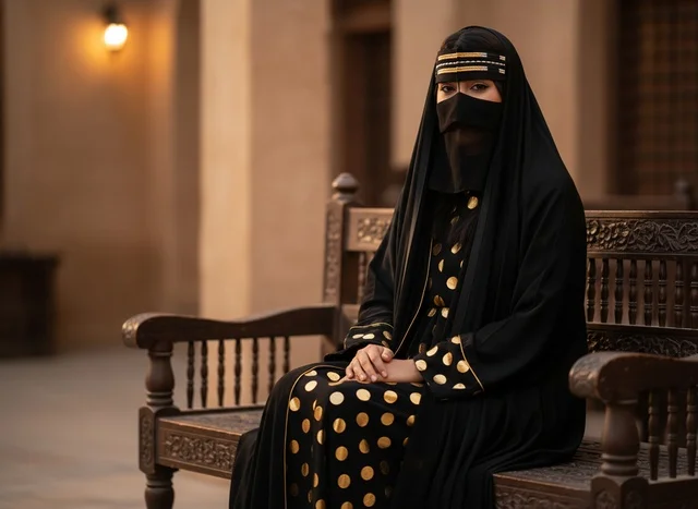 Emirati Woman in Traditional Abaya Sitting on Bench