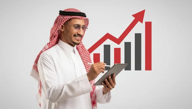 رجل أعمال سعودي مع جهاز لوحي ورسم بياني صاعد