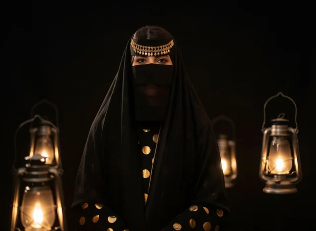 Saudi Woman in Traditional Dress with Kerosene Lanterns