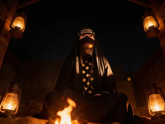 Saudi Woman in Traditional Dress with Campfire at Night