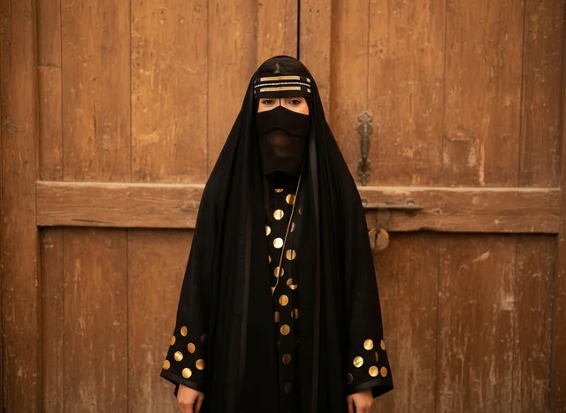 امرأة سعودية بالزي التقليدي والعباءة أمام باب قديم