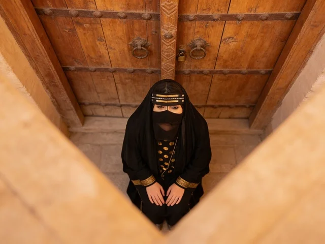 امرأة سعودية بالزي التقليدي أمام باب خشبي قديم