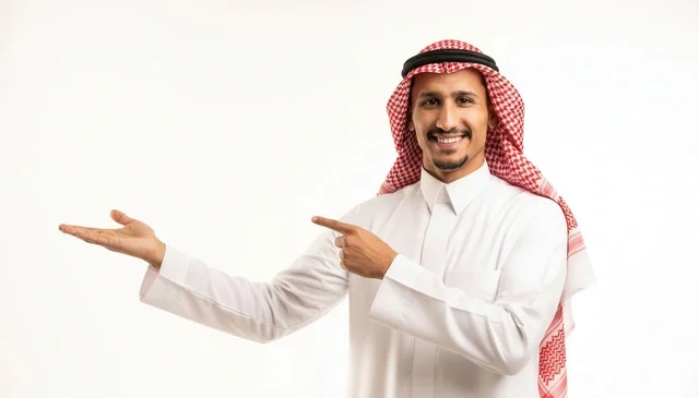 Saudi Man in Traditional Thobe Pointing at Empty Palm