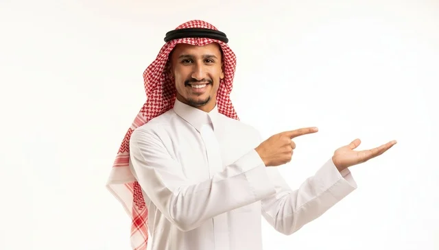 Saudi Man in Traditional Dress Pointing at Copy Space