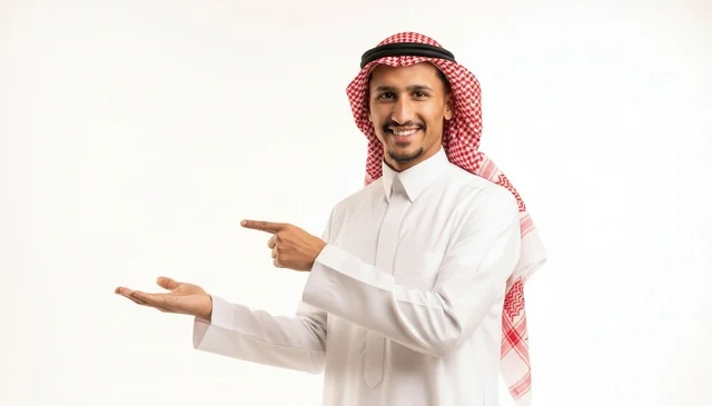 Saudi Man Pointing to Empty Space on White Background