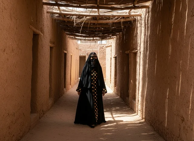 امرأة سعودية بالزي التقليدي في قرية تراثية طينية