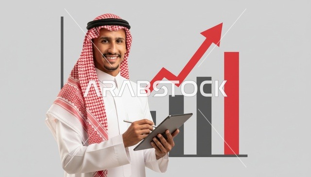 رجل أعمال سعودي مع جهاز لوحي ورسم بياني للنمو