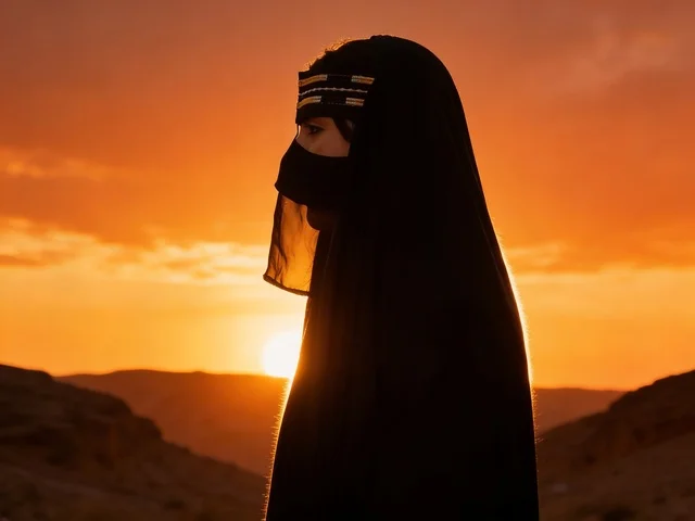 امرأة سعودية في الصحراء عند غروب الشمس