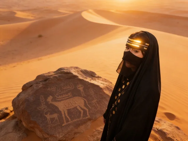 Saudi Woman with Ancient Rock Inscription in Desert
