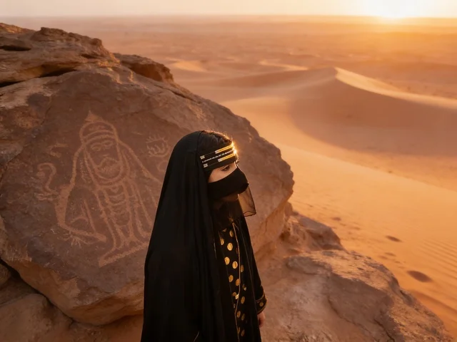 امرأة إماراتية بجانب نقش صخري قديم في الصحراء
