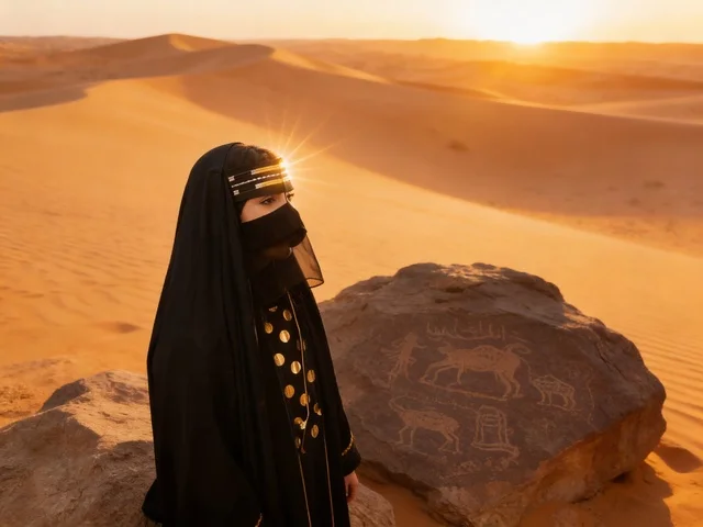 Emirati Woman with Ancient Petroglyphs in Desert Sunset