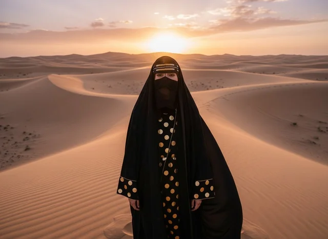 Emirati Woman in Traditional Dress at Desert Sunset