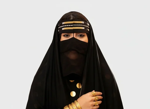 Saudi Woman in Traditional Khaliji Dress and Gold Jewelry