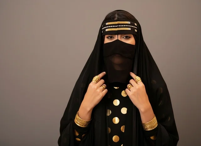 Saudi Woman in Traditional Niqab and Gold Jewelry