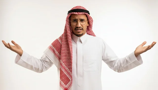 رجل سعودي بالزي التقليدي بتعابير وجه محيرة