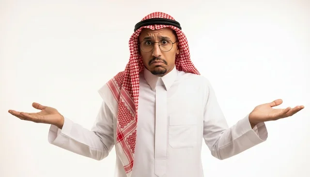 Confused Saudi Man in Traditional Dress Shrugging