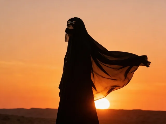 امرأة سعودية في الصحراء عند غروب الشمس بالنقاب