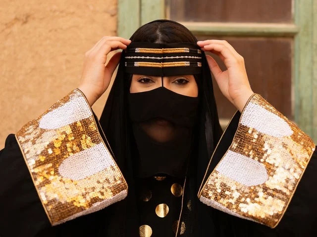 امرأة سعودية بالنقاب التقليدي والعباءة المطرزة بالترتر