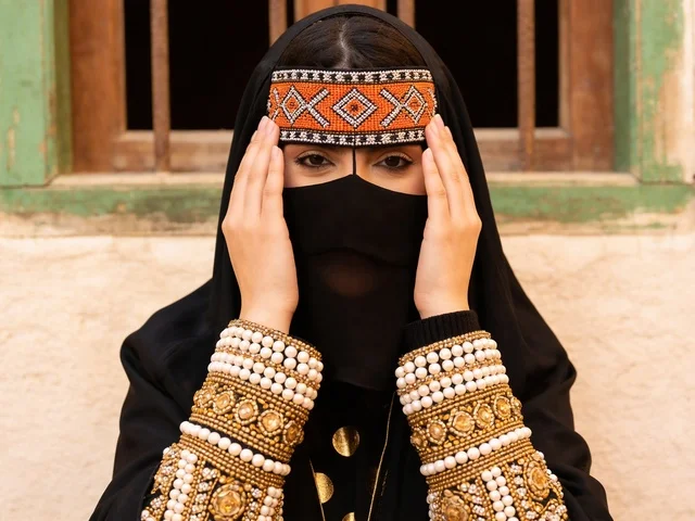امرأة سعودية بالزي النجدي التقليدي والبرقع التراثي