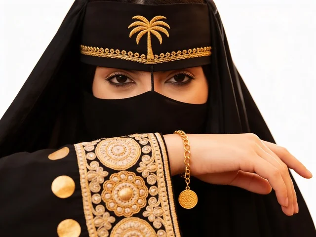 امرأة سعودية بالنقاب التقليدي والمجوهرات الذهبية