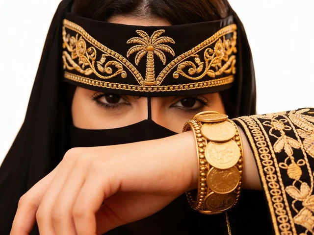 امرأة سعودية بالنقاب التقليدي والتطريز الذهبي التراثي