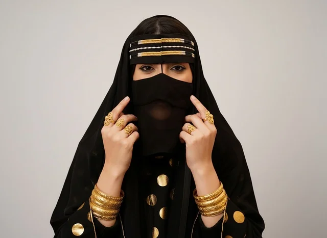 Saudi Woman in Traditional Niqab and Gold Jewelry