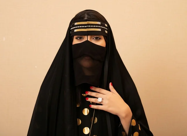 Saudi Woman in Traditional Niqab and Gold Abaya