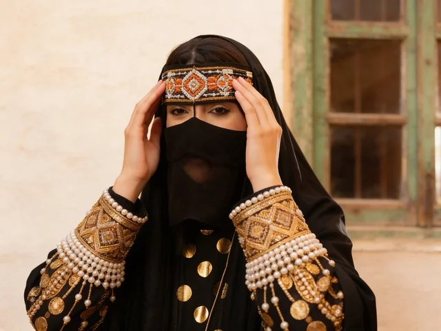 امرأة عربية بالعباءة والنقاب التقليدي المذهب