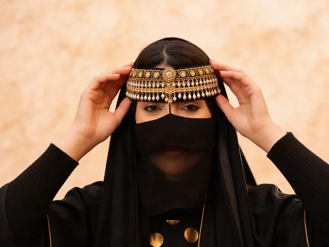 امرأة سعودية بالهامة الذهبية التقليدية والنقاب الأسود