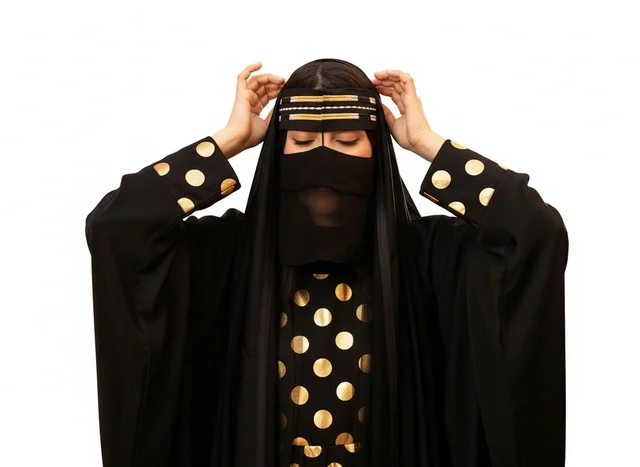 امرأة إماراتية ترتدي العباءة التقليدية والنقاب الأسود