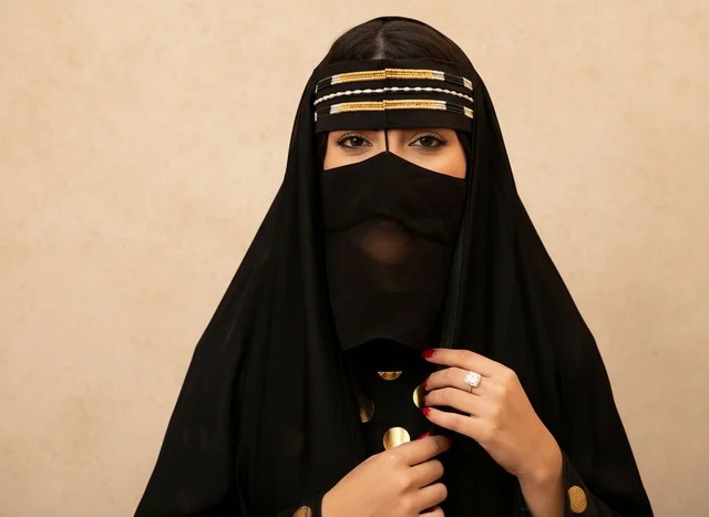 Saudi Woman in Traditional Niqab and Gold Patterned Abaya