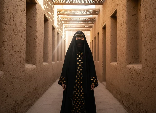 امرأة إماراتية بالزي التقليدي في موقع تراثي