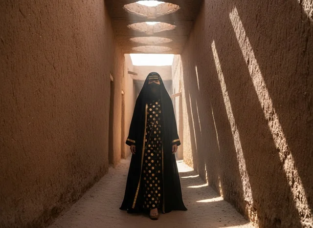 امرأة إماراتية باللباس التقليدي في موقع تراثي