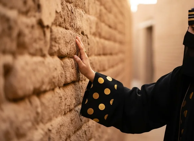 امرأة سعودية باللباس التقليدي تلمس جداراً طينياً تراثياً