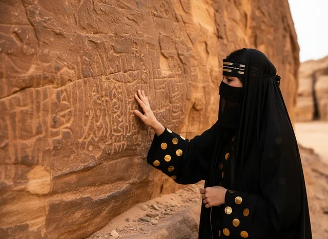 امرأة سعودية تلمس نقوش صخرية أثرية قديمة في الصحراء