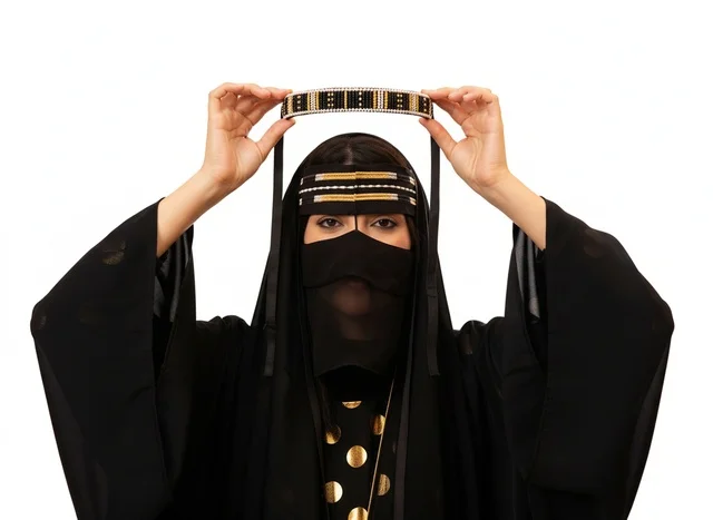 Saudi Woman in Traditional Niqab with Gold Headpiece