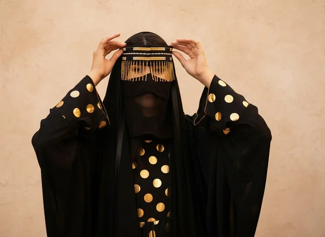 امرأة إماراتية بالنقاب والزي التقليدي المذهب بنقوش ذهبية امرأة إماراتية بالنقاب والزي التقليدي المذهب بنقوش ذهبية