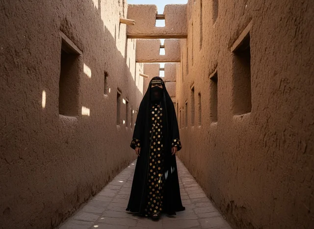 Saudi Woman in Traditional Dress at Historical Site