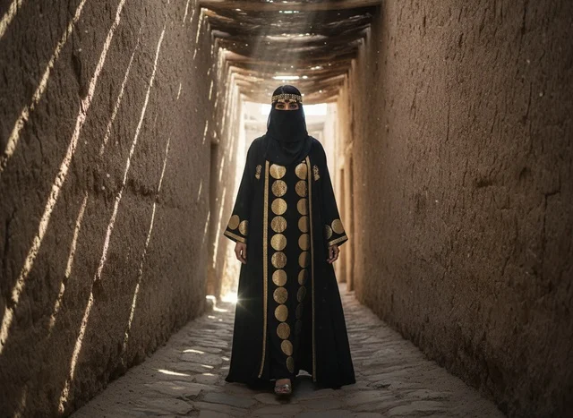 امرأة إماراتية بالعباءة التقليدية في ممر تاريخي قديم