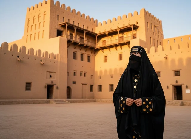 Emirati Woman in Traditional Abaya at Ancient Mud Fort
