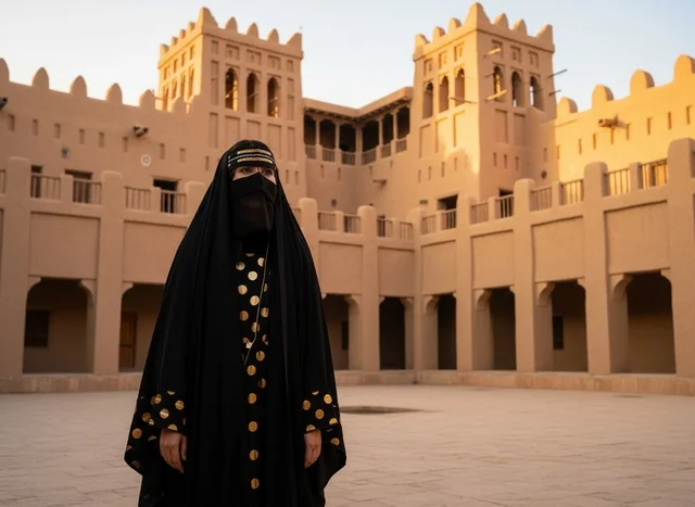 Emirati Woman in Traditional Abaya at Historic Fort
