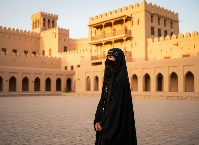 امرأة إماراتية باللباس التقليدي في قلعة الجاهلي بالعين