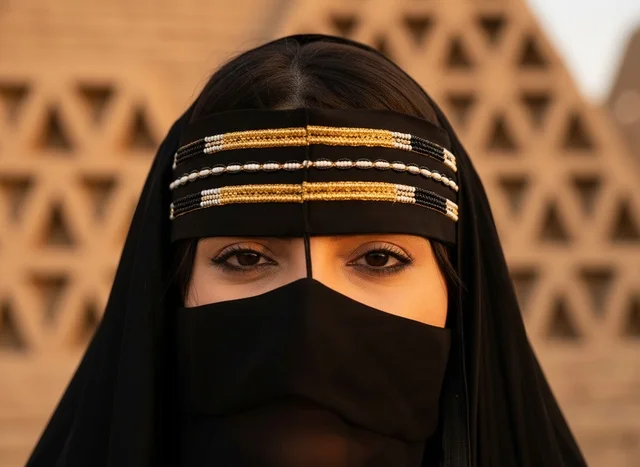 امرأة عربية بالنقاب التقليدي أمام جدار تراثي