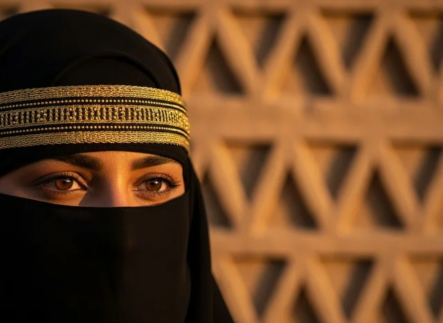 Saudi Woman in Traditional Niqab at Golden Hour