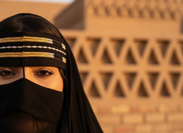 امرأة سعودية بالنقاب أمام خلفية معمارية نجدية تراثية