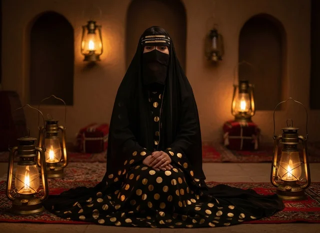 امرأة سعودية بالبرقع والزي التقليدي مع فوانيس مضيئة