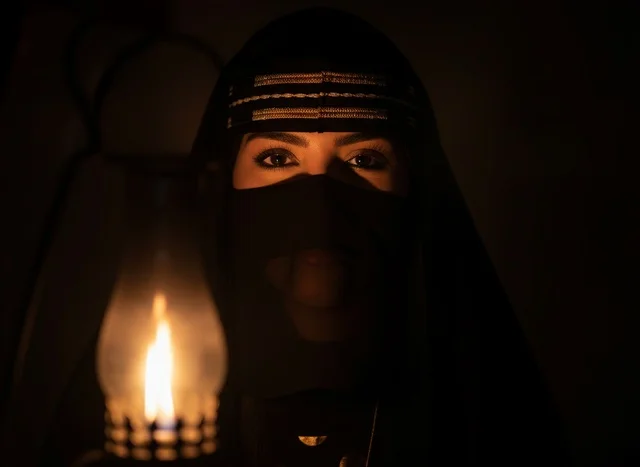 Saudi Woman in Niqab with Traditional Oil Lamp
