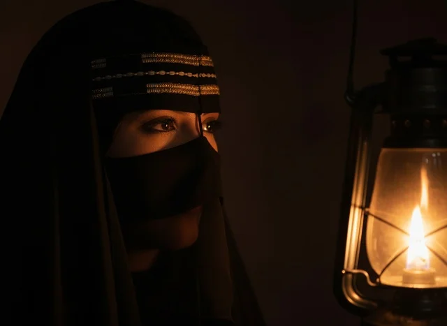 Saudi Woman in Traditional Niqab with Vintage Lantern