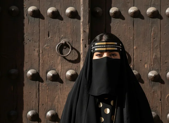 امرأة سعودية بالنقاب التقليدي أمام باب تراثي
