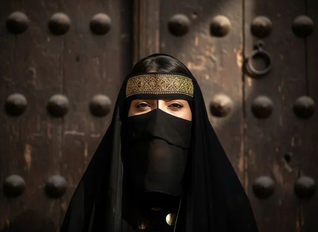 Saudi Woman in Traditional Niqab and Gold Embroidery
